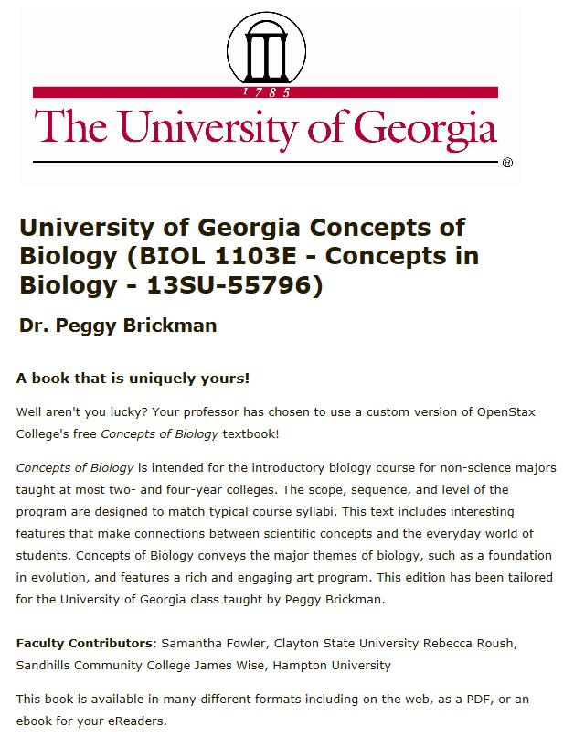 Image of book titled University of Georgia Concepts of Biology